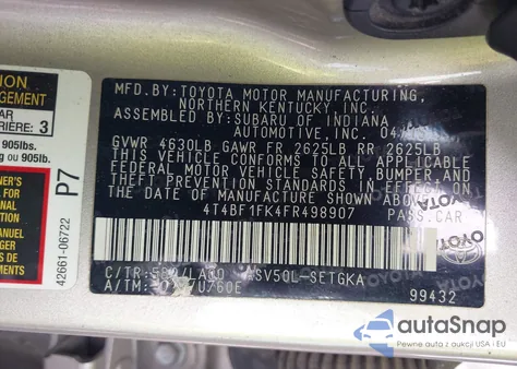 2015 Toyota Camry Xle z USA, uszkodzony, nr VIN 4T4BF1FK4FR498907